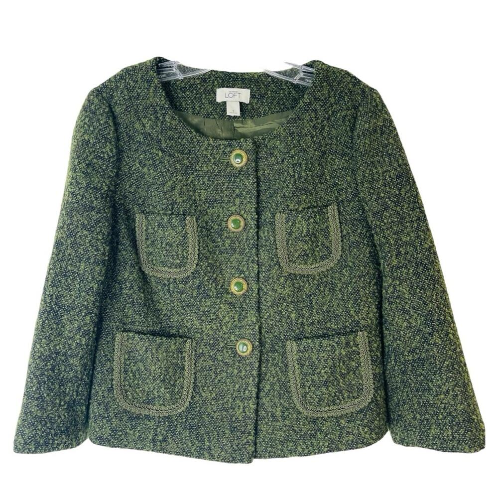 Loft green black button cropped preppy office wool blazer jacket 8